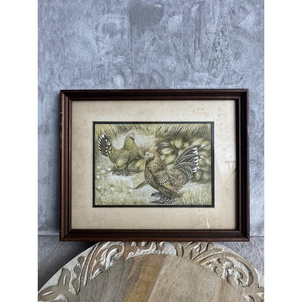 Vintage Framed Chicken Rooster Print Farmhouse Rustic Wood Wall Art 13.5x10.5